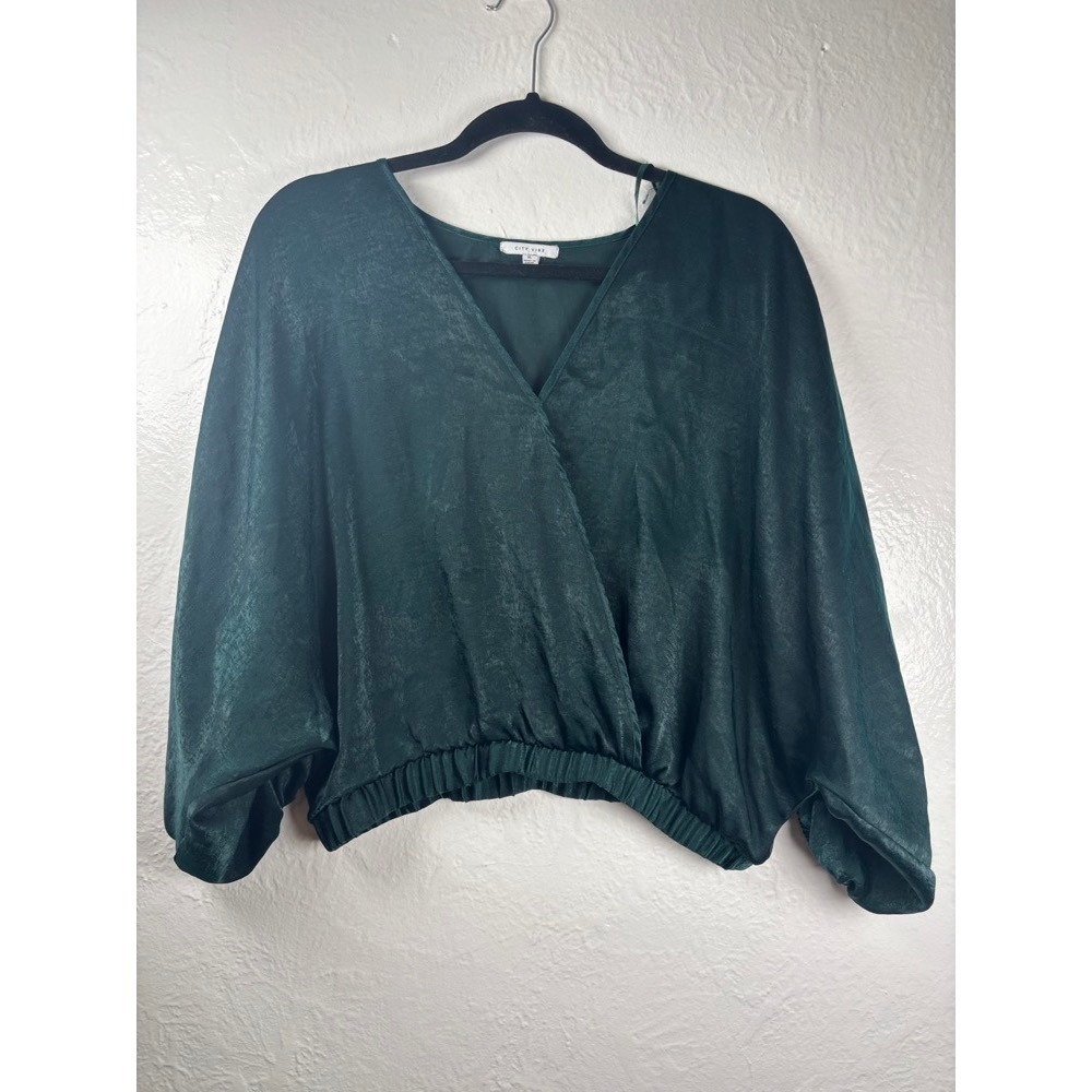 Woman's‎ Emerald Green Ruched Waist V Neck Wrap Style Top XL Balloon Sleeve